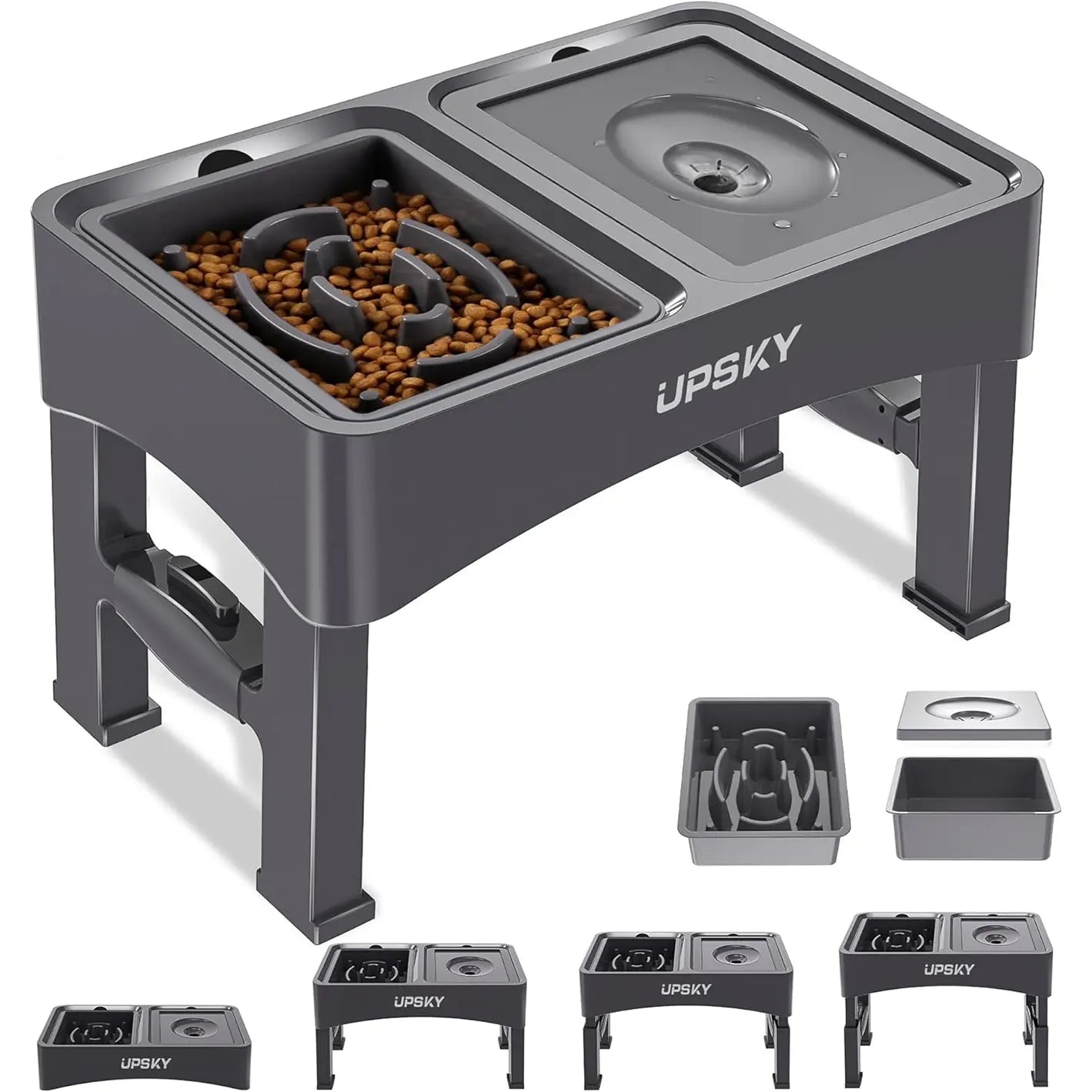 UPSKY 2-In-1 Elevated Dog Bowls Slow Feeder 4 Height Adjustable Raised Stand No Spill Anti-Slip Food Water Bowl for Small Medium Dogs with Anti-Slip Pads