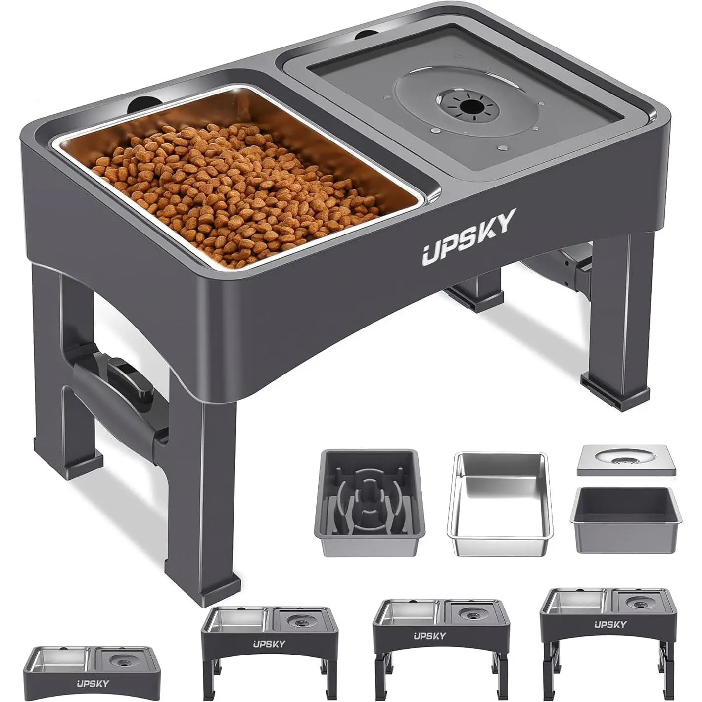 UPSKY 2-In-1 Elevated Dog Bowls Slow Feeder 4 Height Adjustable Raised Stand No Spill Anti-Slip Food Water Bowl for Small Medium Dogs with Anti-Slip Pads