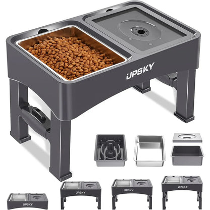 UPSKY 2-In-1 Elevated Dog Bowls Slow Feeder 4 Height Adjustable Raised Stand No Spill Anti-Slip Food Water Bowl for Small Medium Dogs with Anti-Slip Pads