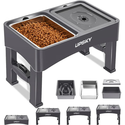 UPSKY 2-In-1 Elevated Dog Bowls Slow Feeder 4 Height Adjustable Raised Stand No Spill Anti-Slip Food Water Bowl for Small Medium Dogs with Anti-Slip Pads