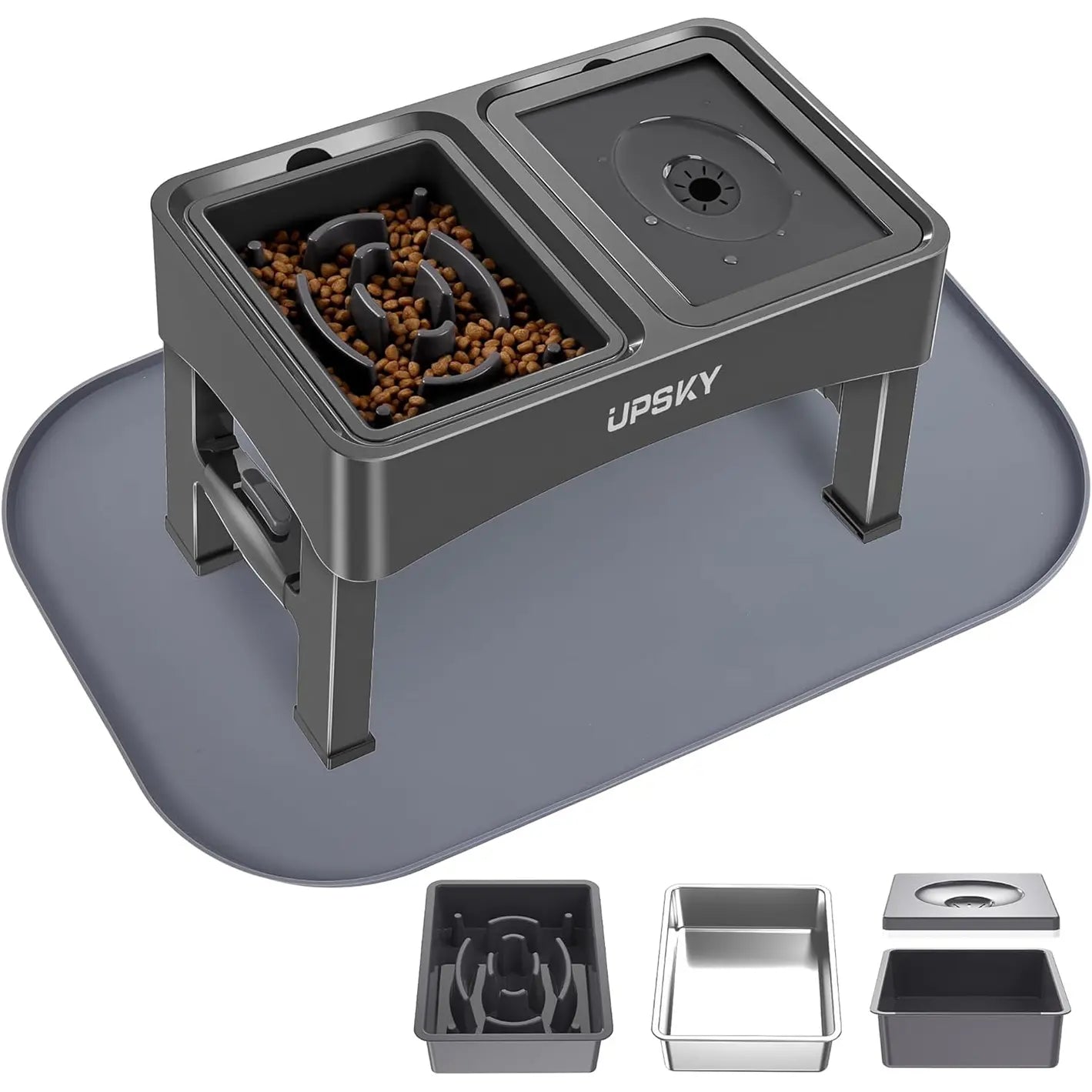 UPSKY 2-In-1 Elevated Dog Bowls Slow Feeder 4 Height Adjustable Raised Stand No Spill Anti-Slip Food Water Bowl for Small Medium Dogs with Anti-Slip Pads